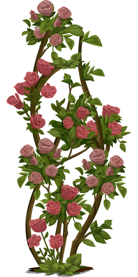 a bunch of pink roses with green leaves, a digital rendering, art nouveau, mobile game background, many thick dark knotted branches, tileable, the flower tower