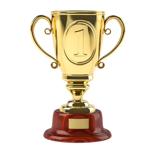a golden trophy sitting on top of a wooden base, a digital rendering, 1 st place, istockphoto, on white background, “ golden cup