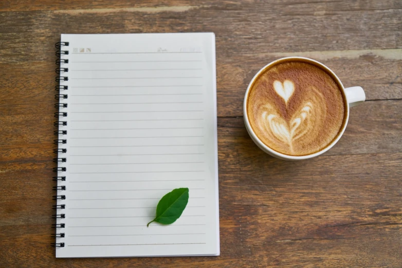 a cup of coffee and a notebook on a table, unsplash, minimalism, leaves and simple cloth, fanart, lined paper, lovecratian