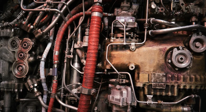 a close up of a bunch of pipes and wires, a picture, by Richard Carline, pexels, hyperrealism, diesel engine, red mechanical body, jet turbine, industrial rusty pipes