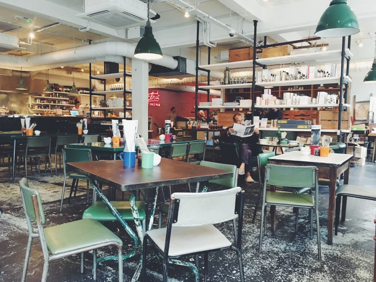 a restaurant filled with lots of tables and chairs, altermodern, vintage color, bakery, snapchat photo, comfortable atmosphere