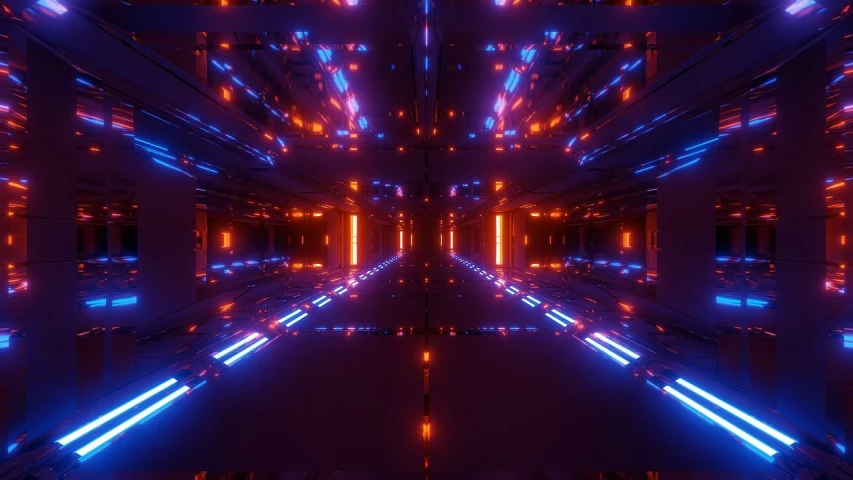 a room filled with lots of blue and red lights, digital art, reddit, octane render uhd 4k, infinite hallway, andrei riabovitchev symmetrical, orange and cyan lighting