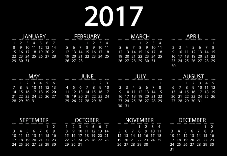 a calendar for the year 2017 on a black background, by Andrei Kolkoutine, pixabay, black on white background, wallpaper for monitor, template, black