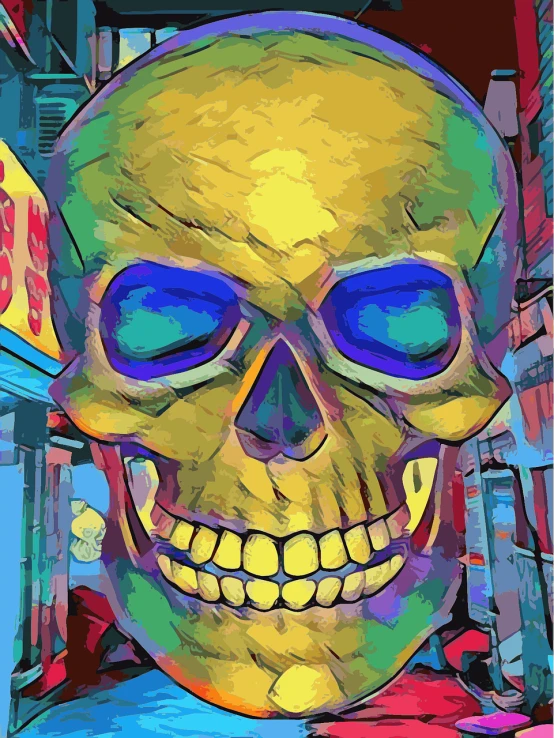 a painting of a skull on a city street, a digital painting, inspired by Arnold Mesches, behance contest winner, neo-fauvism, detailed vectorart, gta chinatown pop art style, textured detailed skeleton, discord profile picture