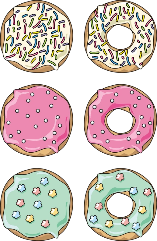 four different colored donuts with sprinkles on them, a digital rendering, pop art, on a flat color black background, colored manga panel, highly detailed panel cuts, illustration black outlining