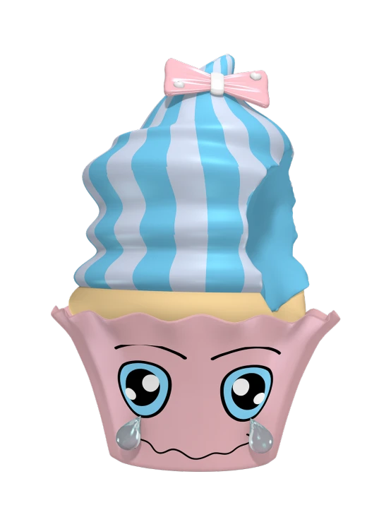 a pink and blue cupcake with a bow on top, concept art, inspired by Doug Ohlson, conceptual art, 3d model rigged, blue waffle cone, face cluse - up, bw 3 d render