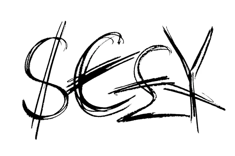 a black and white drawing of the word sex, a sketch, inspired by Michael Aloysius Sarisky, style in digital painting, signatures, money sign pupils, logo without text