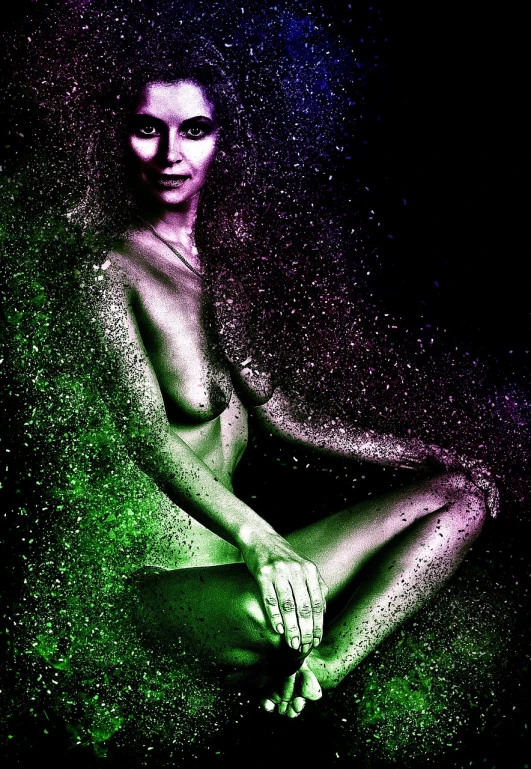 a woman that is sitting down in the dirt, digital art, inspired by Hans Erni, flickr, digital art, green sparkles, ultraviolet, stunning appealing figure, drenched body