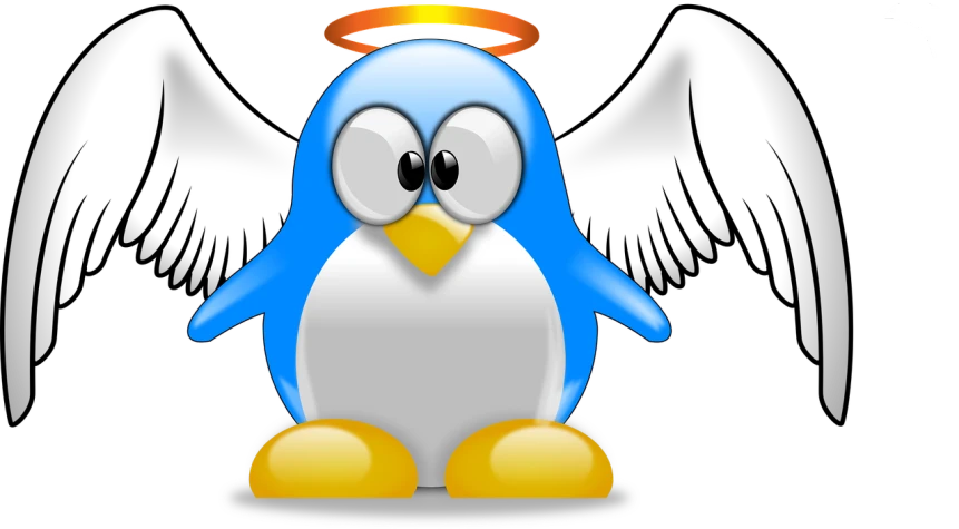 a penguin with a halo on its head, a computer rendering, pixabay, computer art, an angel, bluey, heaven!!!!!!!!, giorgio