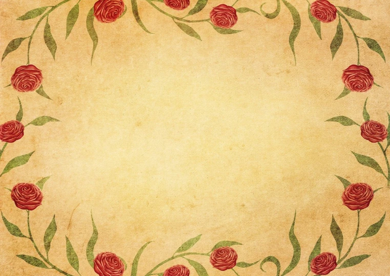 a floral frame with red roses and green leaves, a digital rendering, inspired by Katsushika Ōi, textured parchment background, resources background, yellowing wallpaper, handcrafted paper background