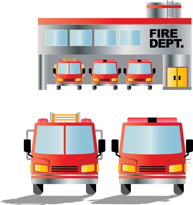 a couple of fire trucks parked in front of a building, digital art, on a flat color black background, game icon asset, 2003, three fourths view