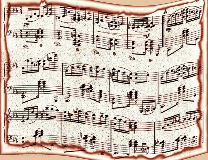a close up of a sheet of music, a digital rendering, inspired by Girolamo Muziano, shutterstock, retro style ”, wallpaper”, stained”, highly detailed”