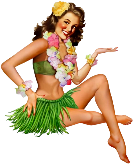 a woman in a hula skirt posing for a picture, an illustration of, by Gil Elvgren, kitsch movement, like rolf armstrong style, drawn with photoshop, so cute, sitting with flowers
