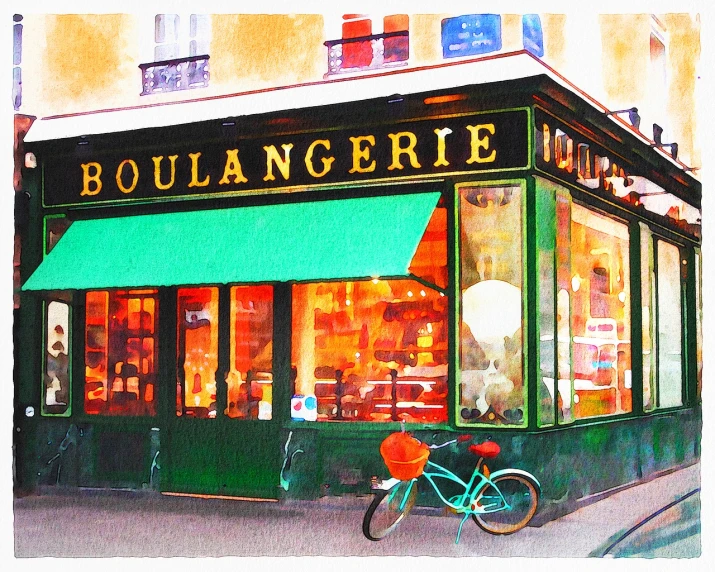 a painting of a bicycle parked in front of a store, a digital painting, inspired by Gustave Boulanger, shutterstock, fine art, bakery, food photography”, paris 2010, sotn