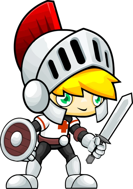 a cartoon knight holding a sword and shield, inspired by Li Chevalier, deviantart contest winner, young blonde boy fantasy thief, knights templar in a space suit, 2 d platformer, she is ready to fight