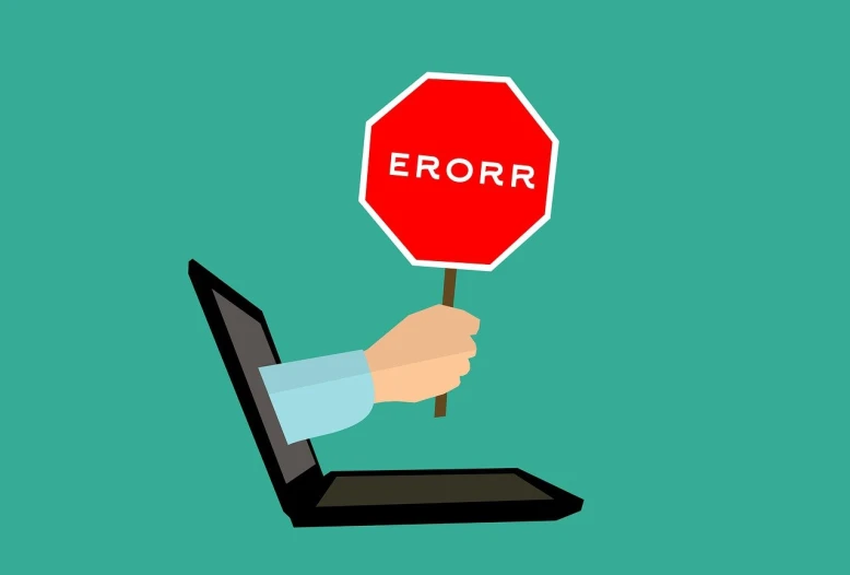 a hand holding a stop sign in front of a laptop, a cartoon, by Andries Stock, pixabay, computer art, error, broken down, the right from wrong, ( ( illustration