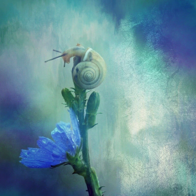 a snail sitting on top of a blue flower, a digital painting, romanticism, photobashing, blue image, sfumato, detaild