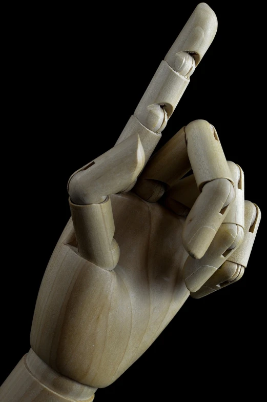 a wooden hand making a peace sign with it's fingers, by Edward Corbett, on a mannequin. high resolution, close - up studio photo, wikimedia, articulated joints