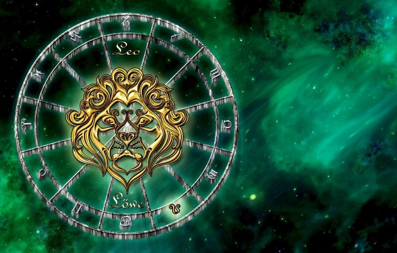 a close up of a clock with a lion on it, a digital rendering, by Jeanna bauck, celestial background, wearing elaborate green and gold, background image, ixions wheel