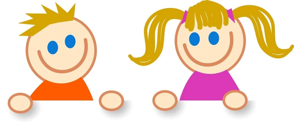 a couple of kids sitting next to each other, trending on pixabay, figuration libre, no gradients, blond hair with pigtails, right - half a cheerful face, panoramic centered view of girl