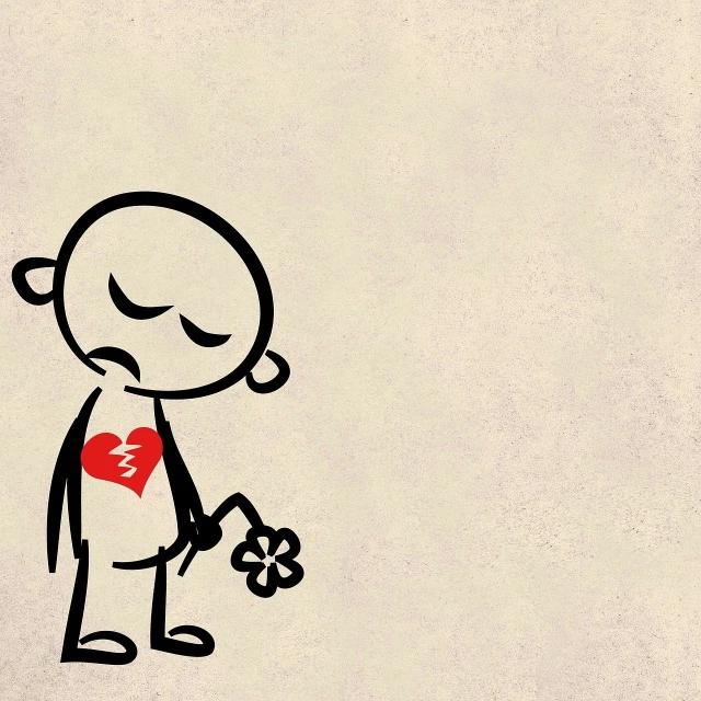 a drawing of a person holding a broken heart, a cartoon, minimalism, flower, very sad c 12.0, cartoons, little kid