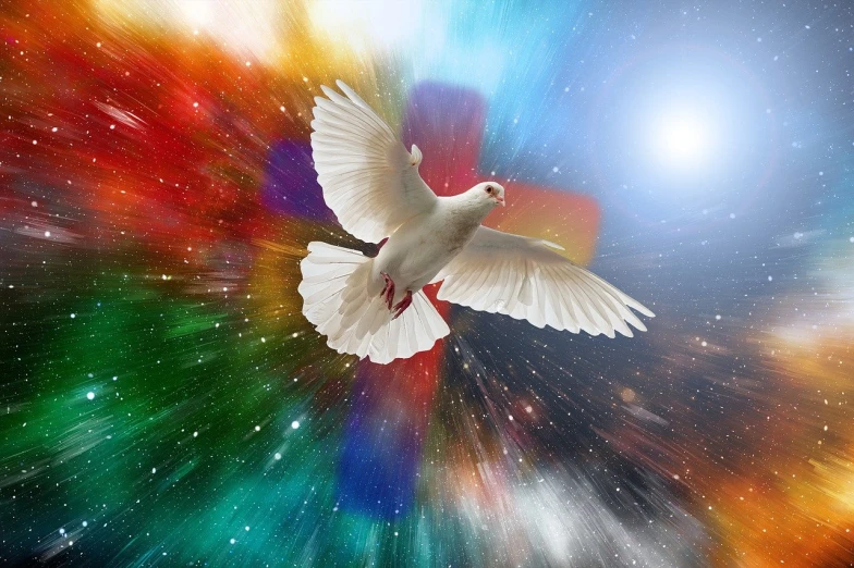 a white bird flying through a colorful sky, a picture, shutterstock, light and space, holy flame spell, pigeon, jewel, colorful explosion