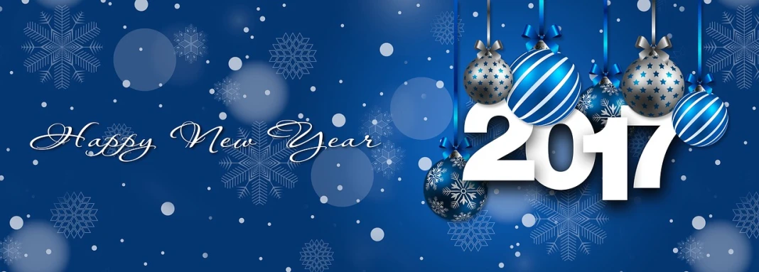 a happy new year card with ornaments and snowflakes, trending on pixabay, happening, blue image, 2 2 years old, pc wallpaper, very crisp