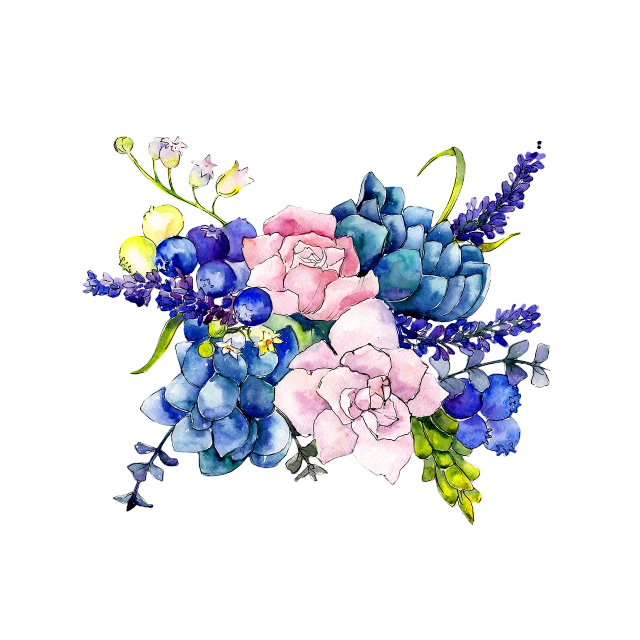 a painting of a bouquet of flowers on a black background, a digital rendering, blue flowers accents, watercolor ink illustration, high detail illustration, pink and blue colour