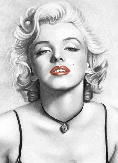 a black and white drawing of a woman, vector art, inspired by Marilyn Bendell, pop art, detailed face with red lips, artgerm and gil elvgren, color pencil art, .highly realistic