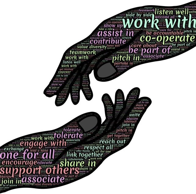 two hands reaching for each other in a word cloud, pixabay, professional cooperate, work, victoria, 🎨🖌️