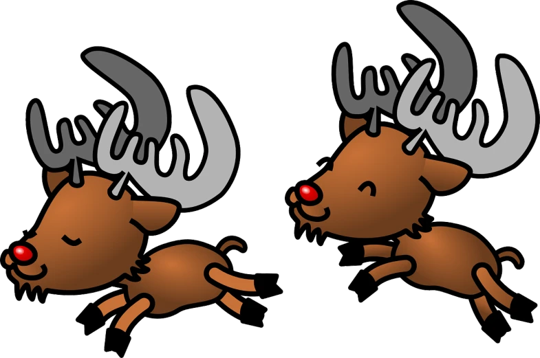 a couple of reindeer standing next to each other, a cartoon, inspired by Rudolph F. Ingerle, incoherents, leaping towards viewer, top and side view, free, wide image