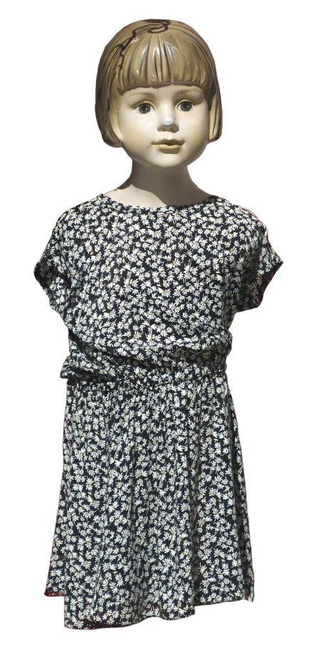 a close up of a child's dress on a mannequin head, dau-al-set, daisies, on black background, dolman, long dress female