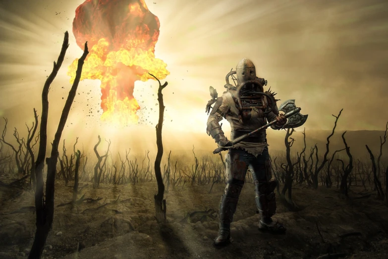 a man in a gas mask standing in a field, concept art, inspired by Igor Morski, deviantart contest winner, nuclear art, holding magical fiery battle-axe, in a desolate empty wasteland, scarecrow, rendered in unreal engine 3d