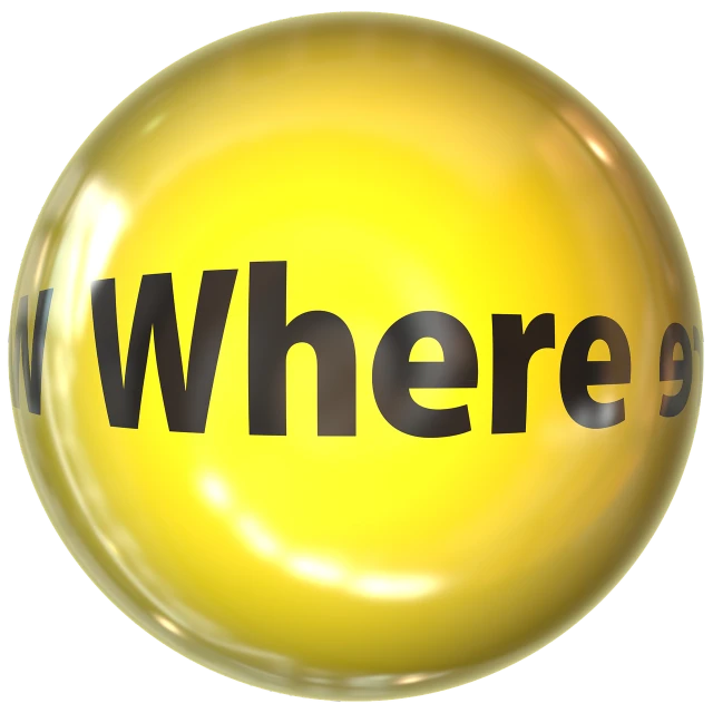 a yellow ball with the word where on it, a picture, happening, graphics $ 9 9 call now, worlds within worlds, gold, directions