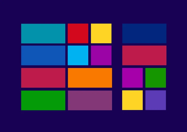 a group of squares of different colors on a blue background, inspired by Johannes Itten, color field, windows xp background, dark purple color scheme, war of colorss, happy colours
