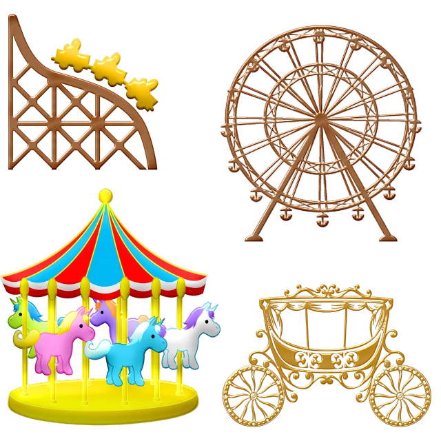 a carousel, a horse drawn carriage, and a ferris wheel, by Jon Coffelt, trending on polycount, clipart icon, bronze material, on black background, cutie mark
