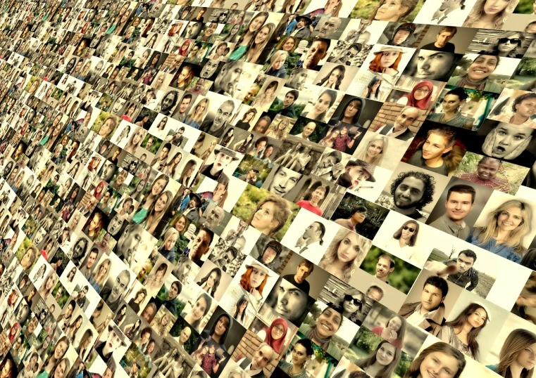 a wall that has many pictures of people on it, a picture, by Kurt Roesch, flickr, digital art, zoom in on face, million of likes, 8 k detailed photograph, audience