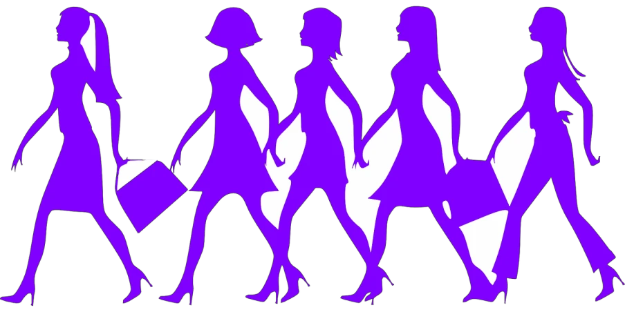 a group of women walking down a street, by Zoran Mušič, trending on pixabay, art nouveau, purple neon, logo without text, perfect female body silhouette, slice of life”