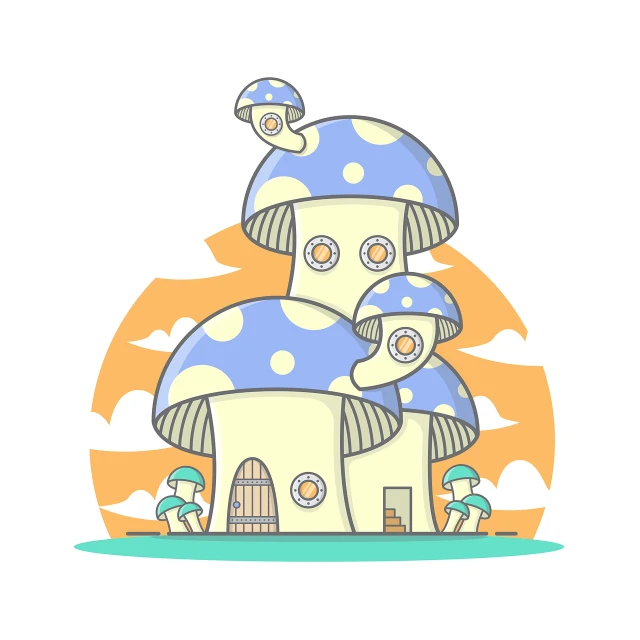 a group of mushrooms sitting on top of a mushroom house, inspired by Studio Ghibli, art nouveau, rounded house and cute character, castle made of clouds, 🐿🍸🍋, clean lineart and flat color