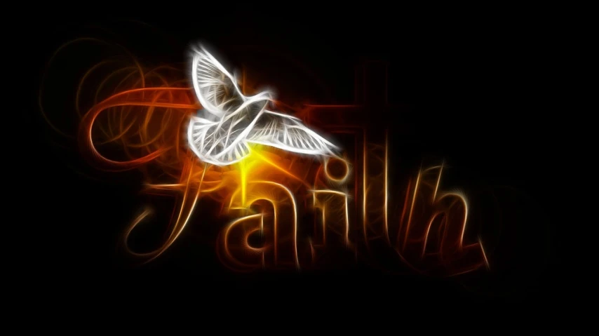 a white bird flying over the word faith, a digital rendering, flickr, neon cross, holy flame spell, splash image, avatar image