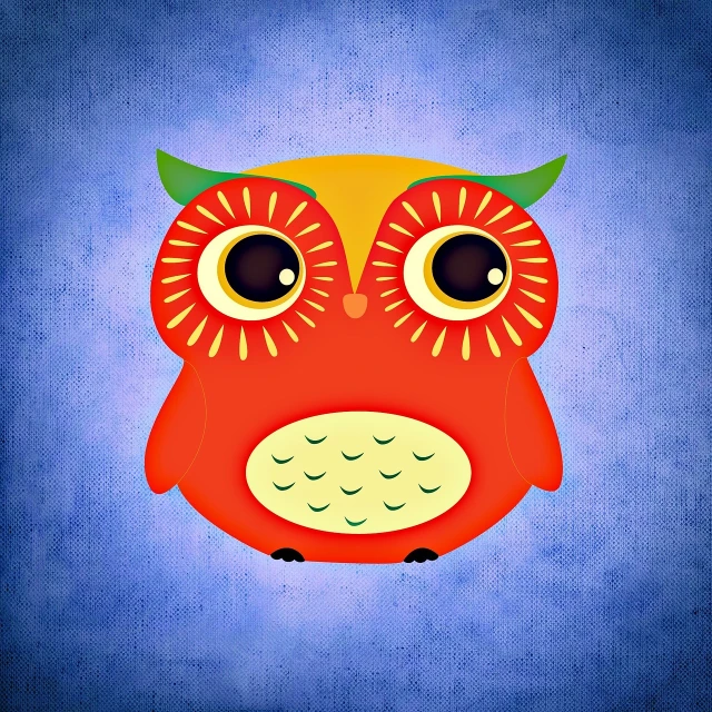 an orange owl with big eyes on a blue background, folk art, style digital painting, apple, red round nose, mixed media style illustration