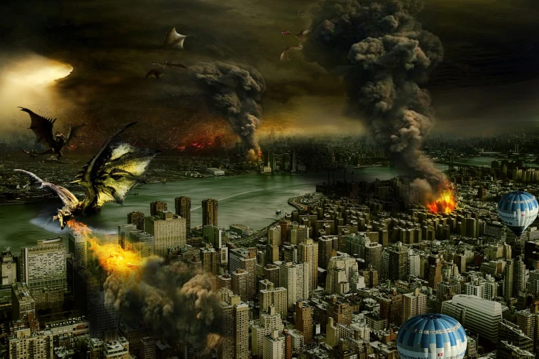 a group of hot air balloons flying over a city, a matte painting, deviantart, digital art, monster destroying pyongyang, destroying new york city, hell on earth, toxic clouds