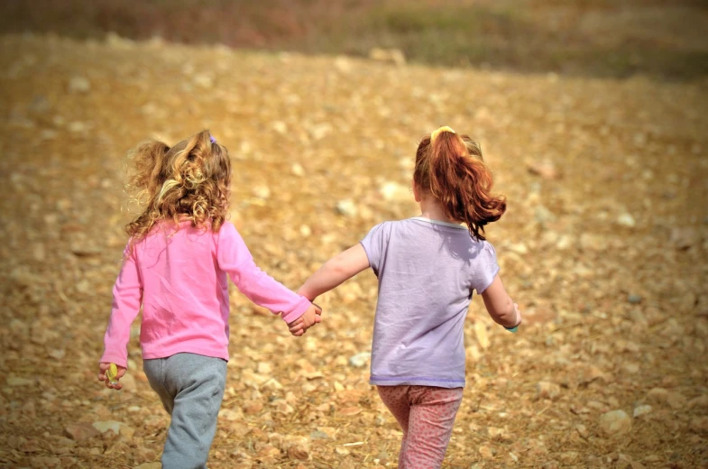 two little girls holding hands in a field, by Robert Childress, shutterstock, young redhead girl in motion, local people chasing to attack, closeup photo, in a dried out field