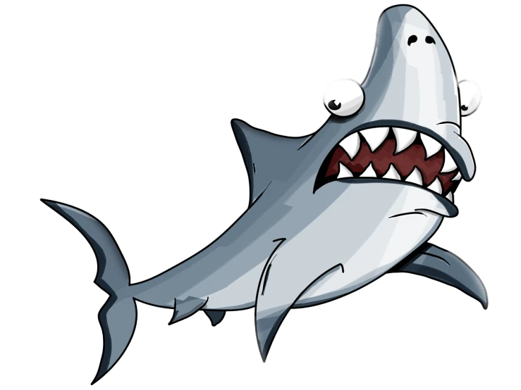 a cartoon shark with its mouth wide open, a screenshot, by Bob Ringwood, shutterstock, clean cel shaded vector art, on a black background, very silly looking, very sharp photo