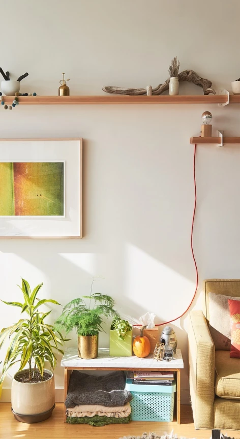 a living room filled with furniture and plants, inspired by Elsa Bleda, featured on pinterest, fine art, simple wood shelves, red and yellow light, featuring wires, clamp shell lighting