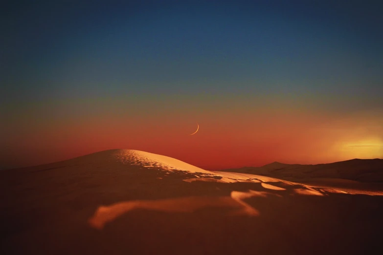 a lone horse standing on top of a snow covered hill, a matte painting, by jessica rossier, digital art, full moon buried in sand, redscale photography, in the desert beside the gulf, sunset photo