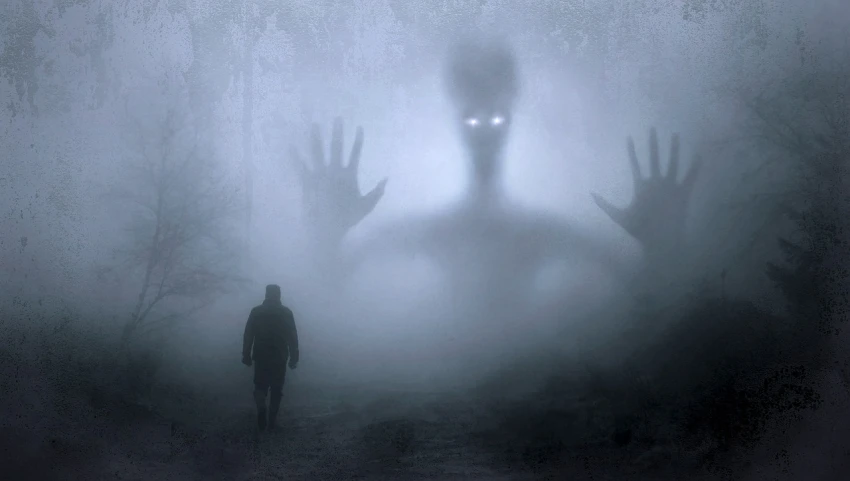 a man standing in the middle of a foggy forest, digital art, grey aliens, arm reaching out of thick fog, large glowing eyes, silhouette of a man