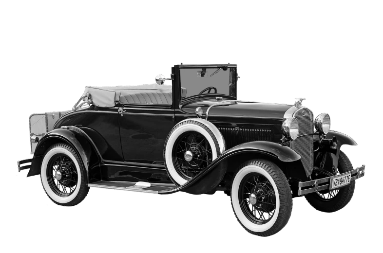 a black and white photo of a vintage car, an ambient occlusion render, inspired by Otto Eckmann, pixabay contest winner, 1920s gaudy color, convertible, ford, professional studio photograph