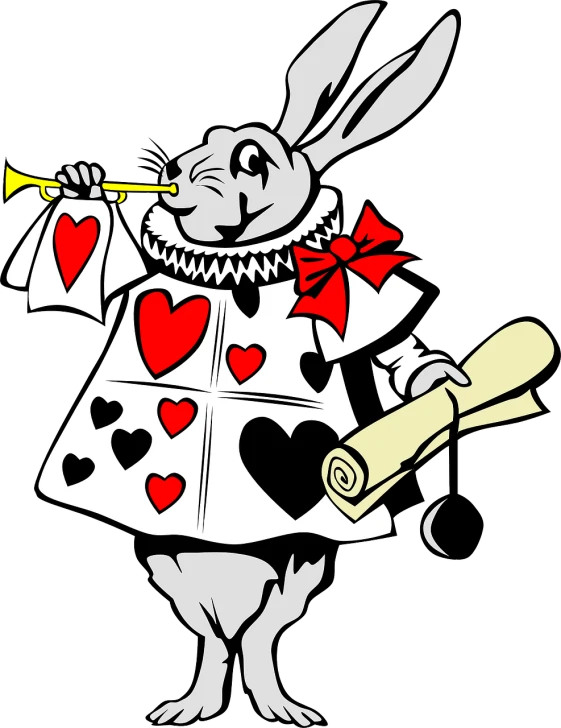 an image of a rabbit playing a trumpet, inspired by Sir John Tenniel, pixabay, playing card suit hearts, bard jester character sheet, high contrast!!, female mad hatter