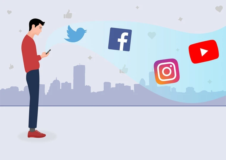 a man standing in front of a city with social icons coming out of his phone, a picture, trending on social media, commercial banner, cartoonish and simplistic, action post